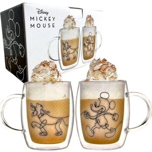JoyJolt Disney Mickey & Pluto Double Wall Glass Mugs Set of 2 – 13.5 oz